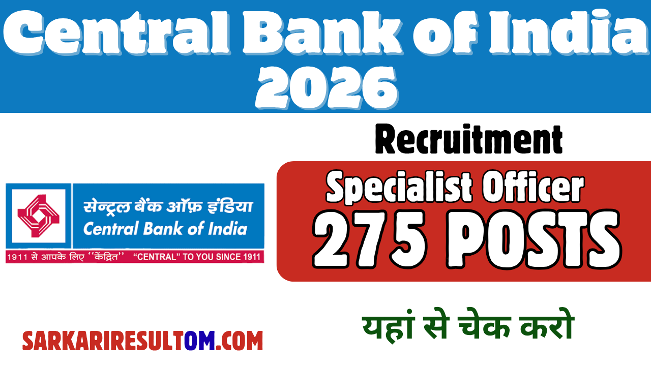 Central Bank of India SO Recruitment 2026 For 275 Posts Apply Online